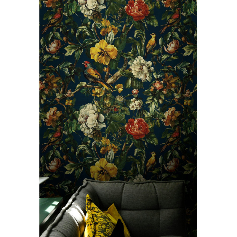 Papier peint adhésif avec oiseaux exotiques et motif floral richement détaillé