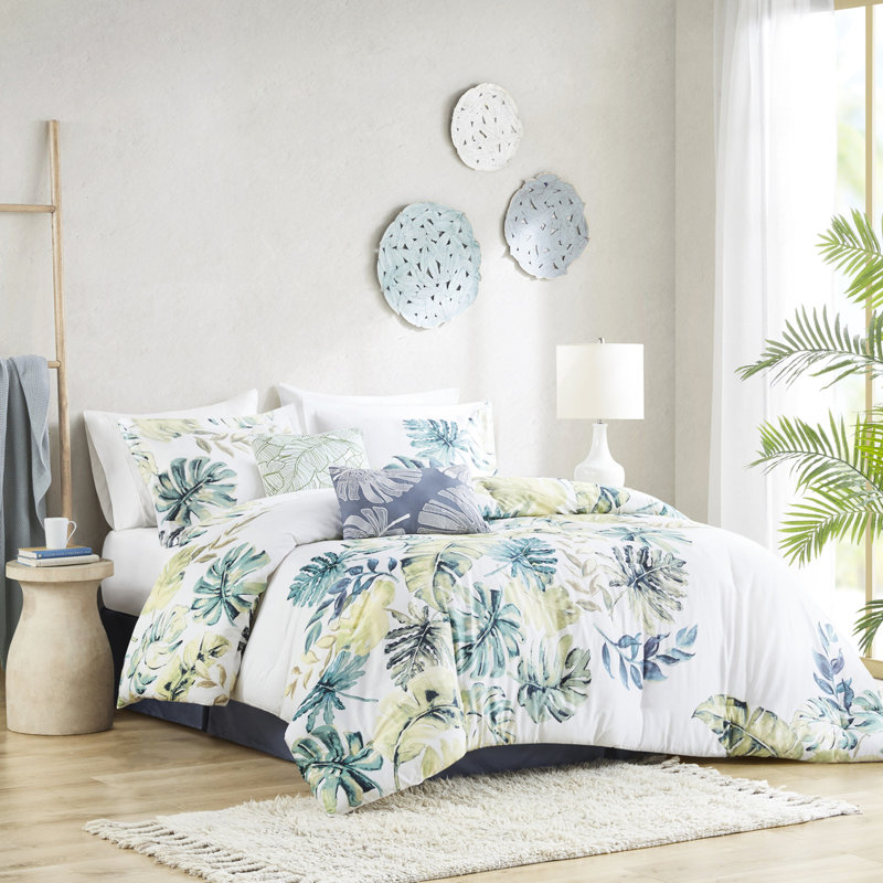 Queen Comforter Bedding - Cotton With Tropical Plant Pattern Decoration Multi Theme, Queen Comforter + 5 Additional Pieces