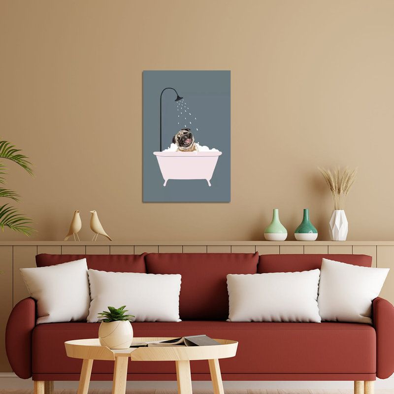 «Laughing Pug Enjoying Bubble Bath», impression sur verre acrylique, H 32 po x l 24 po x P 0,25 po