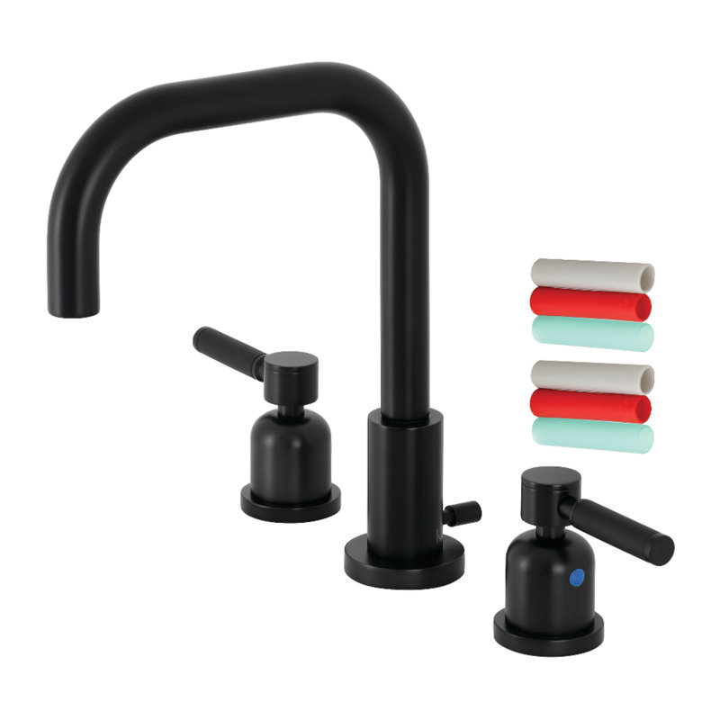 Kingston Brass Kaiser Two-Handle 3-Hole Deck Mount Widespread Bathroom Faucet with Brass Pop-Up Drain, Matte Black