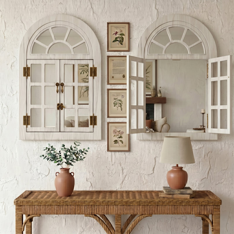 Arched Wooden Framed Wall Mirror With Opening Doors, Vintage Decorative Window Style Mirror, White, 36" x 24", Sun Top
