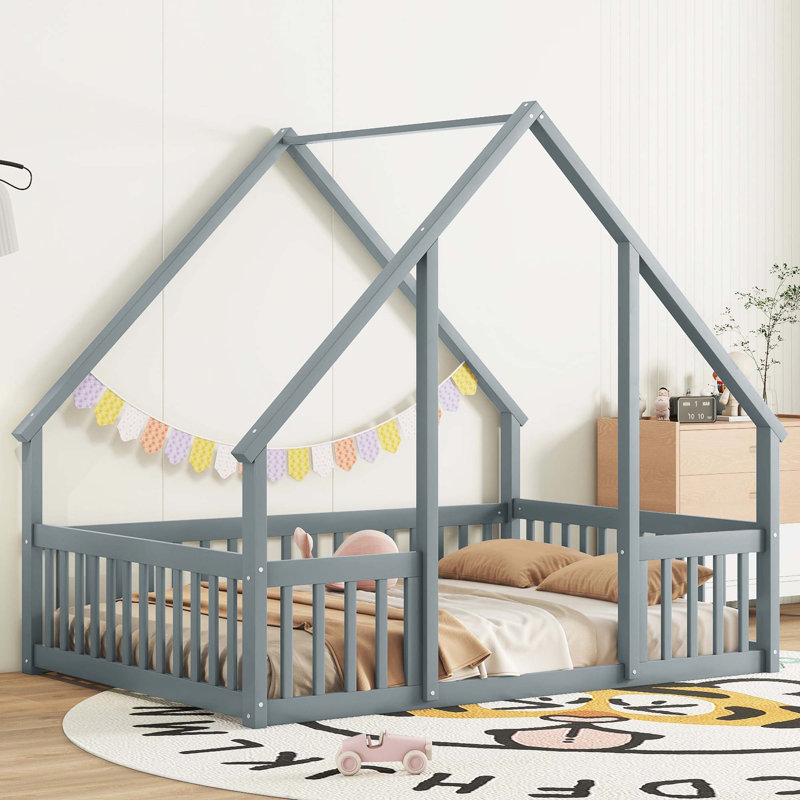 House-Shaped Floor Bed With Fence, Guardrails, Gray, Full/Double