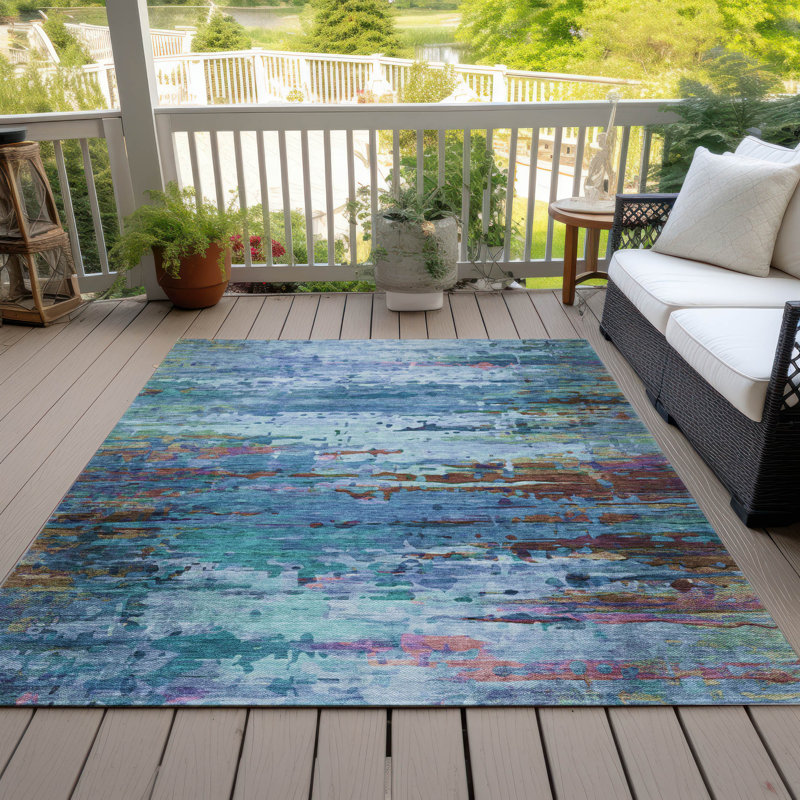 Tapis bleu intérieur / extérieur lavable à la machine Xhevrie, Rectangle 10 pi x 14 pi