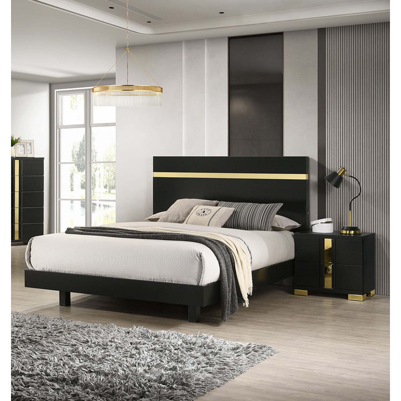 Ensemble de chambre à coucher 3 pièces avec tables de chevet 2X DEL, Double, Noir