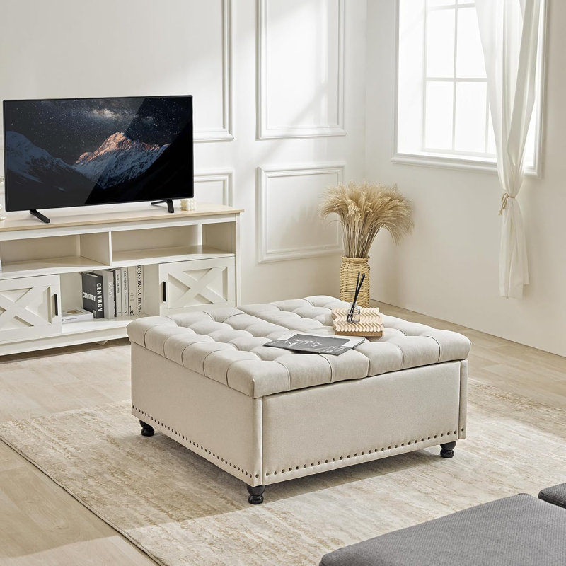 Cristba Living Room Ottoman Coffee Table Ottoman with 35 Inch Large Square Storage Ottoman Bench Lift Top, Beige