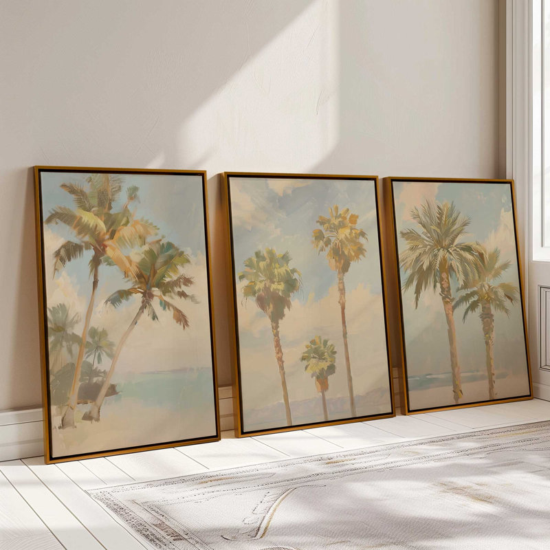 Ensemble de 3 imprimés Coastal Palms, Cadre flottant or poli, 30 po x 20 po