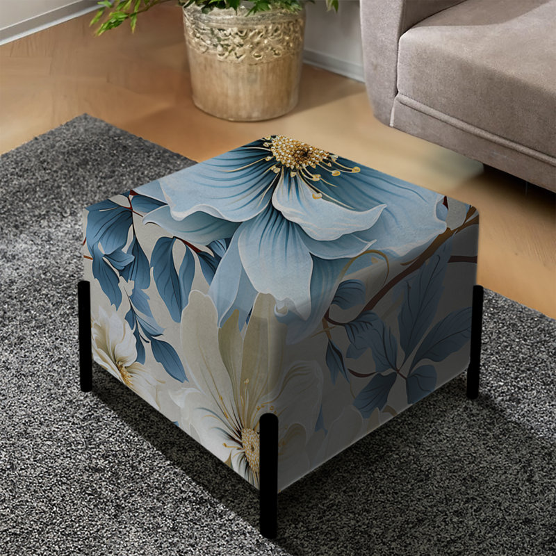 White And Blue Blossoms Floral Pattern I - Floral Square Ottoman