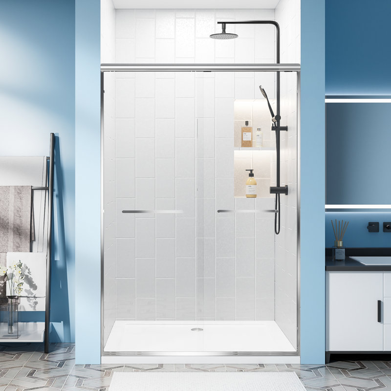 56-60" W X 72 "H Semi-Frameless Double Sliding Shower Door with 1/4" Clear Tempered Glass with Explosion-Proof Film, Aluminum Frame, Chrome