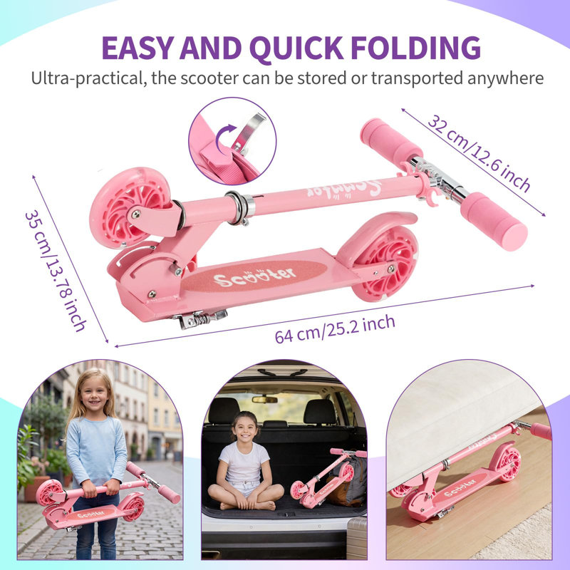 Kids Scooter with 5" LED RGB Lighted Wheels, 4.6 LBS Lightweight and One-Click Detachable Design, Height Adjustable Handlebars