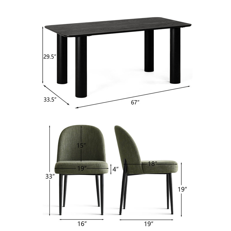 7-Piece Modern Dining Table Set With Upholstered Chairs With Metal Legs, Green