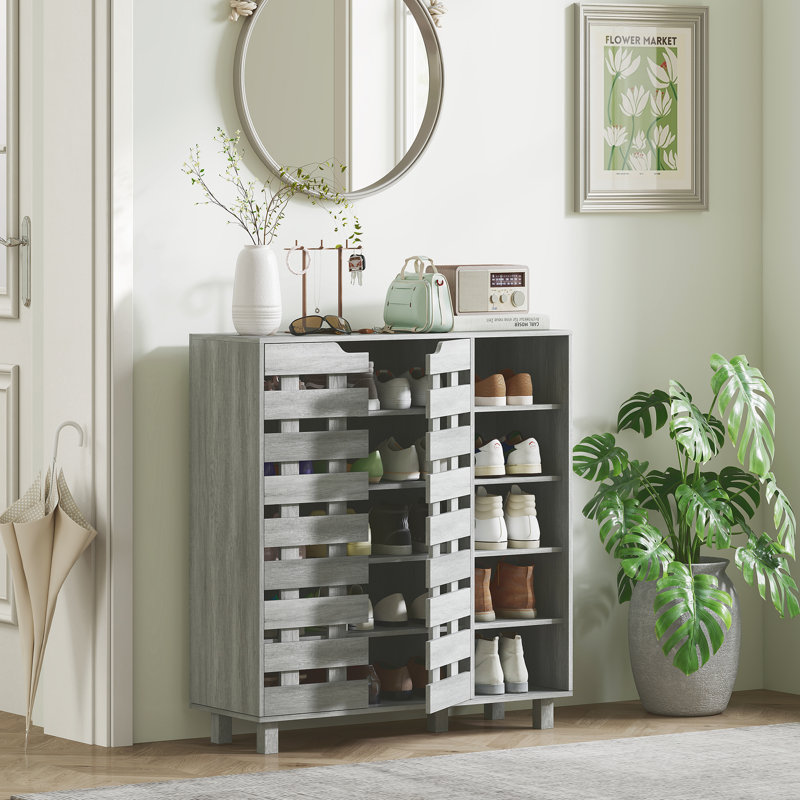Armoire à chaussures avec armoire à 5 niveaux et 5 tablettes ouvertes, Distressed Light Grey