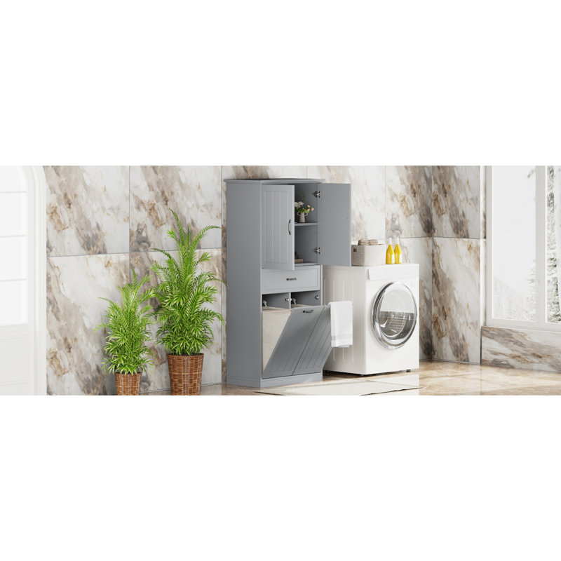 Armoire de rangement pour salle de bain avec deux paniers à linge, armoire de rangement avec portes et tiroir pour la maison, gris