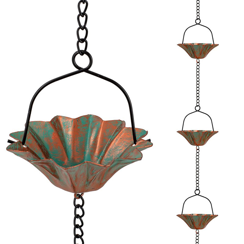Chaîne de pluie de 10 pi Lotus, chaîne de pluie pour gouttières avec 12 tasses en bronze, chaîne de récupération d'eau de pluie réglable avec cloche
