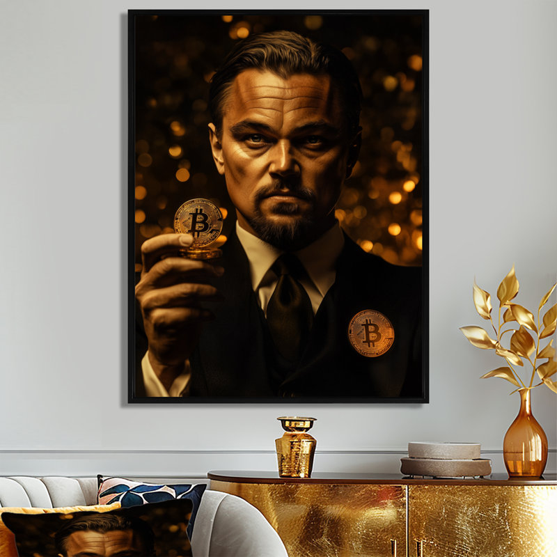 «Bitcoin Leo Dicaprio Wolf» par Wall Street, H 32 po x l 16 po, Cadre flottant noir