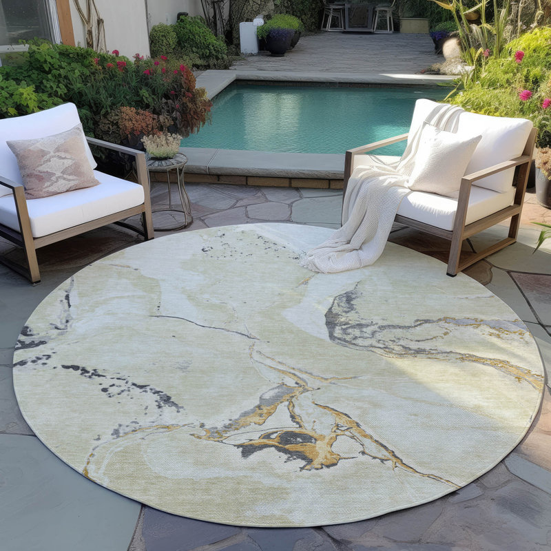 Machine Washable Indoor/Outdoor Chayden ACN1005 Ivory Rug, Round 8'