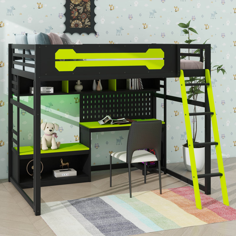 Structure contemporaine pour lit mezzanine double pleine grandeur, avec bureau, tablettes de rangement, lumières DEL, ports USB et panneau perforé