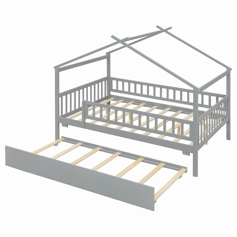 Wooden House Bed With Trundle, Gray