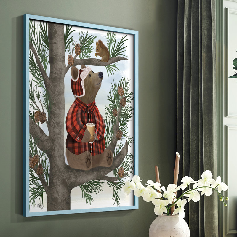 «Lumberjack Bear Pine Tree Coffee Break», reproduction encadrée - bois massif, H 10 po x l 8 po, Bleu