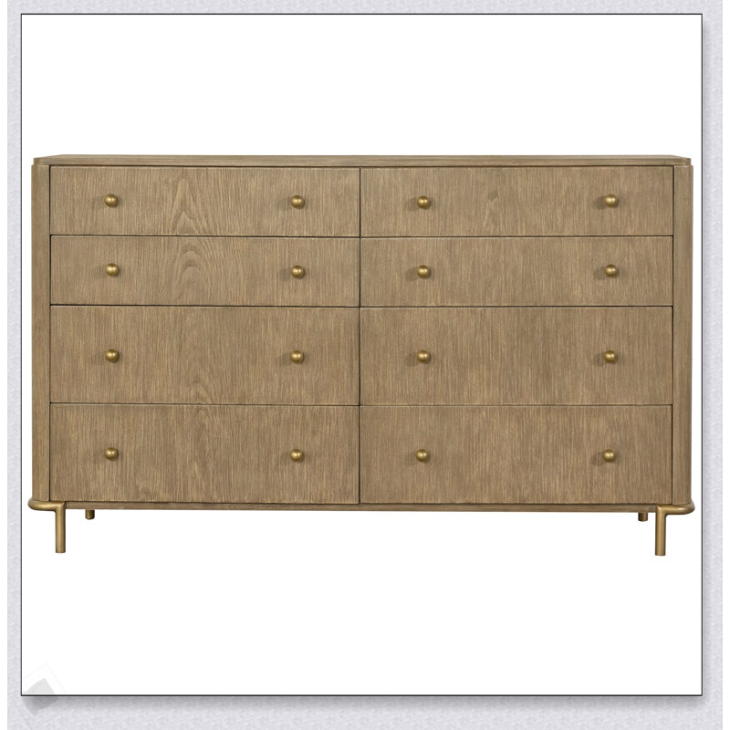 Commode rectangulaire à 8 tiroirs Stevie Sand Wash avec bases en laiton vieilli et tiroirs supérieurs doublés de feutre