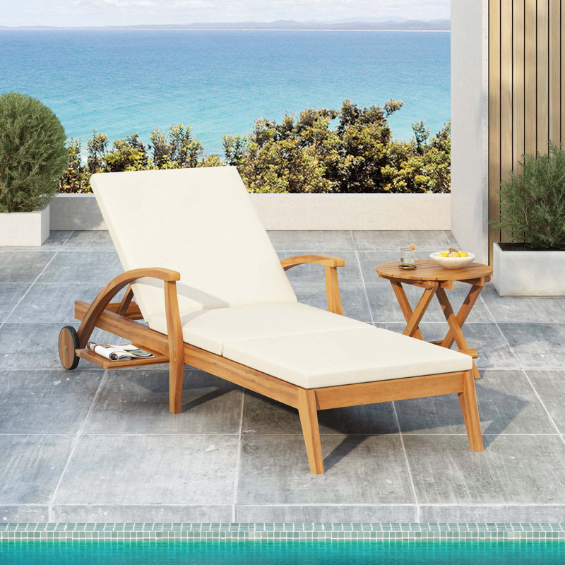 Chaise longue inclinable en bois d'acacia avec dossier réglable à 4 positions et support robuste