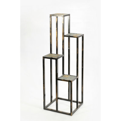 Gray Stone Slab Plant Shelf - 4 Tier, Black / Gold Cast Metal Tier Stand Metal, Wipe Clean