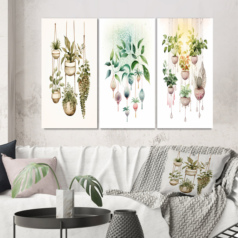 «Hanging Decorative Botanical Boho Plants VI», 3 pièces sur toile, Toile tendue, H 28 po x l 36 po