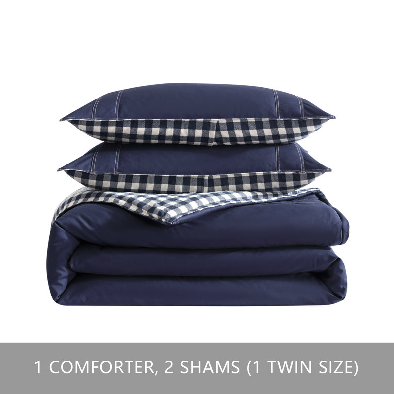 Navy Cotton Twin Reversible Comforter Set with Sham