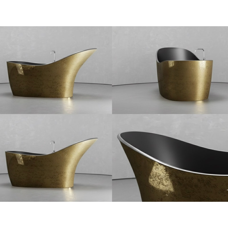 Vast Studio  Aged Brass Freestanding Asymmetrical Bathtub – Aged Brass/White Metallic Solid Surface Deep Soaking Tub with High-Back Wave Design & Modern Luxury Finish