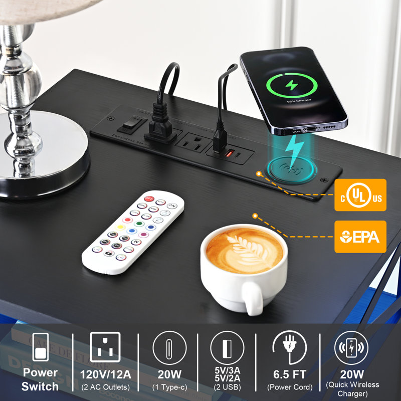 LED Night Stand Wireless Charging and Wood Drawers, Charging End Table, Black