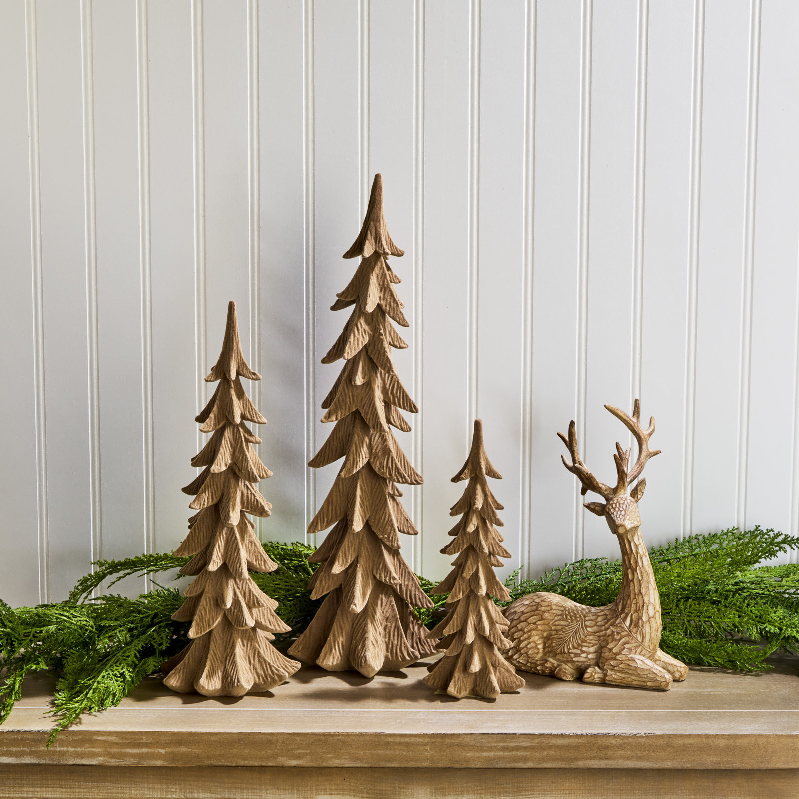 Liani 3-Piece Flocked Tabletop Tree Set, Tan