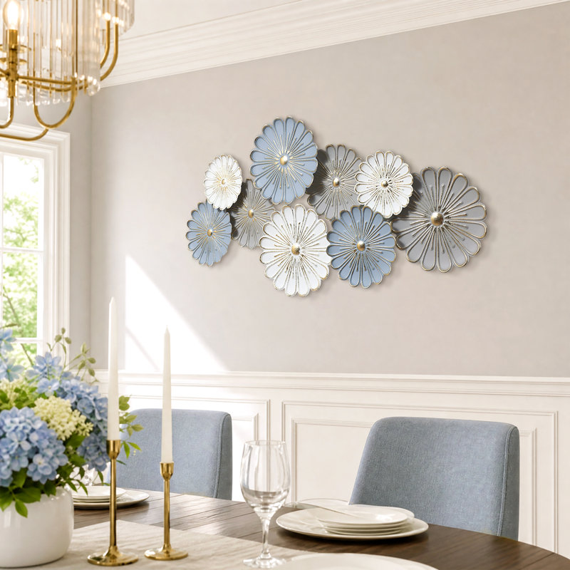 Décoration murale moderne en métal, motif chrysanthème bleu, blanc et gris, 120 cm.