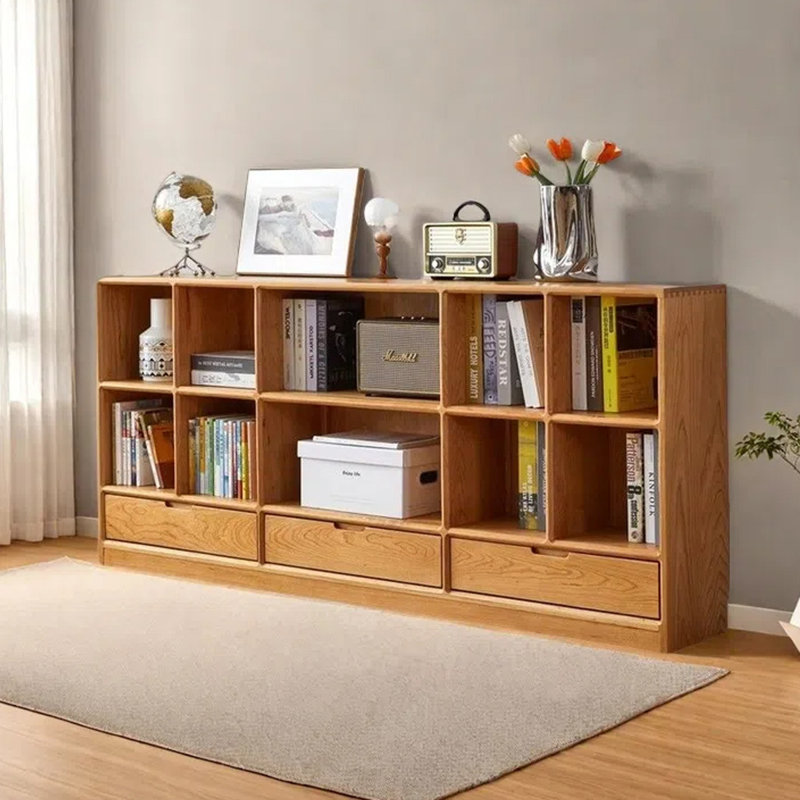 Wooden Display Cabinet with Open Shelves and Bottom Drawers, 70.87 Inches Long, Multifunctional Side Cabinet