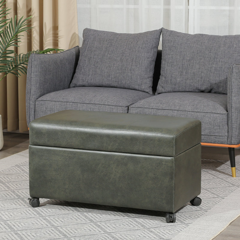 Banc de rangement avec repose-pieds 32 pouces en similicuir avec roulettes, Vert