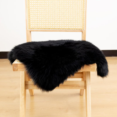 Sheepskin Chair Cushion Non-Slip Back Square Genuine Fur Chair Cover Silky Natural Wool Seat Cushion Pad Soft Area Rugs Carpet, Pack Of 1, Black