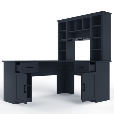 Bureau d'ordinateur en L avec 2 armoires et 2 tiroirs, 11 tablettes ouvertes et 1 tablette à droite rabattable avec rangement, avec prise de courant, pour bureau, salon et bureau, bleu antique