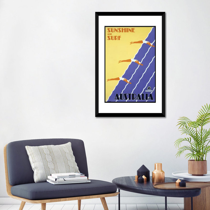 « soleil et surf australie », impression sur toile, H 32 po x l 24 po x P 1 po, Papier beaux-arts encadré noir, Blanc