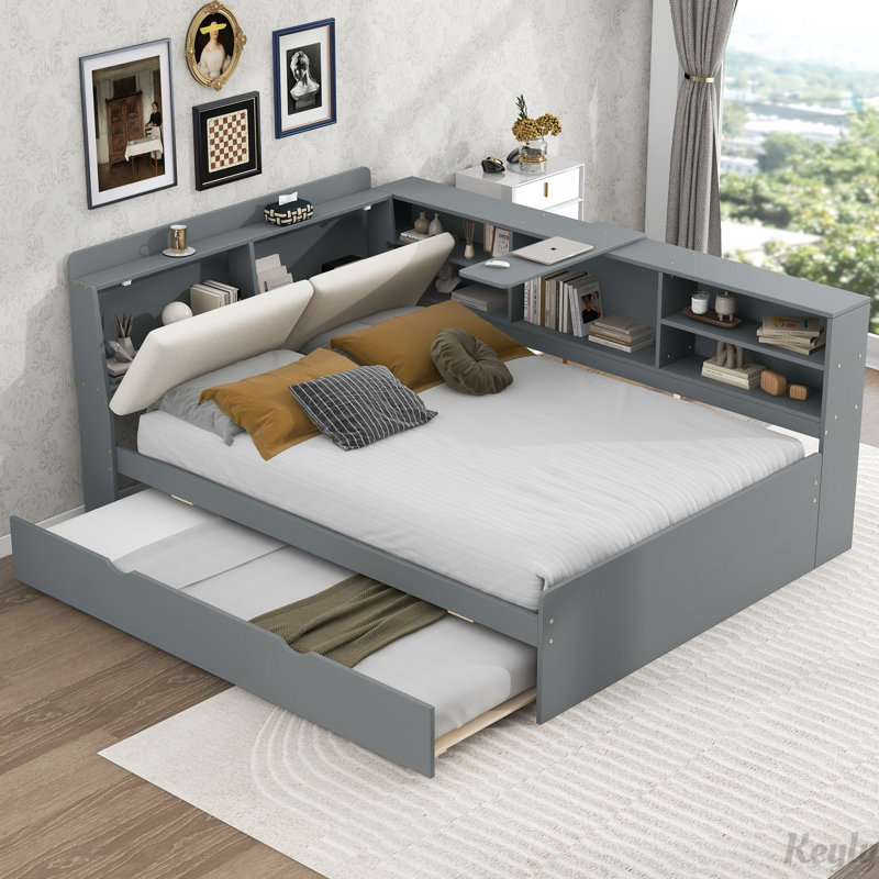 Lit plateforme en bois avec lit gigogne, gris, Full
