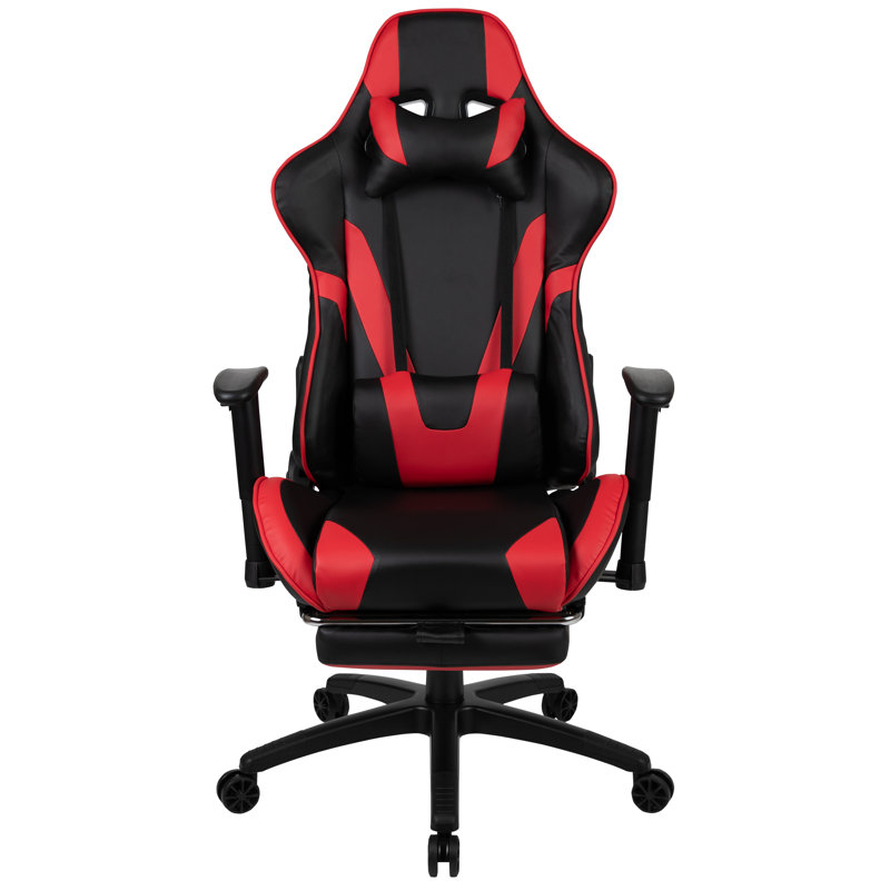 Adjustable Ergonomic Swivel Computer Gaming Chair with Fully Reclining Back and and Slide-Out Footrest, Red/Black