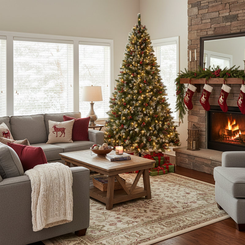 Arbre de Noël 7,5 pi pré-éclairé, arbre artificiel pré-décoré avec pointes givrées, pommes de pin, baies, base en métal pour les fêtes