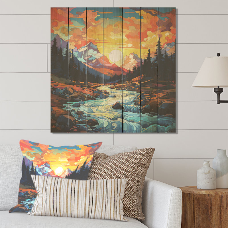 Colorful Sunset River Mountains Horizon II - Fruits On Wood Print, 25" H x 25" W