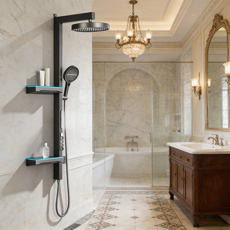 Système de douche 12,8 "exposé aux chutes de pluie, 5 fonctions avec douche à main et à la taille, 4 modes de jet, gris pistolet