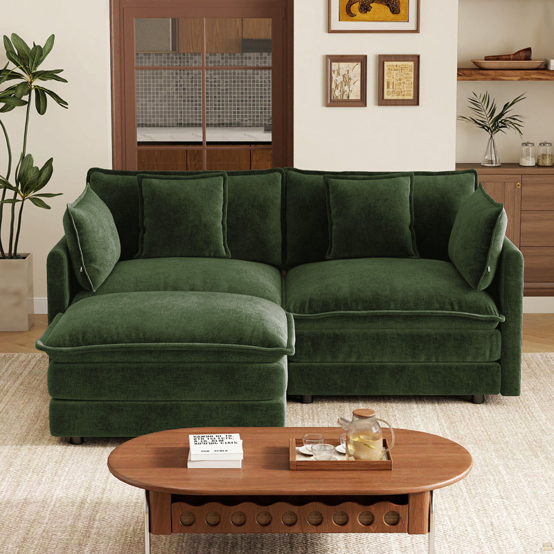 Canapé en L à 2 places avec repose-pieds avec 2 accoudoirs et 2 coussins décoratifs pour les petits espaces de vie, facile à assembler, chenille verte