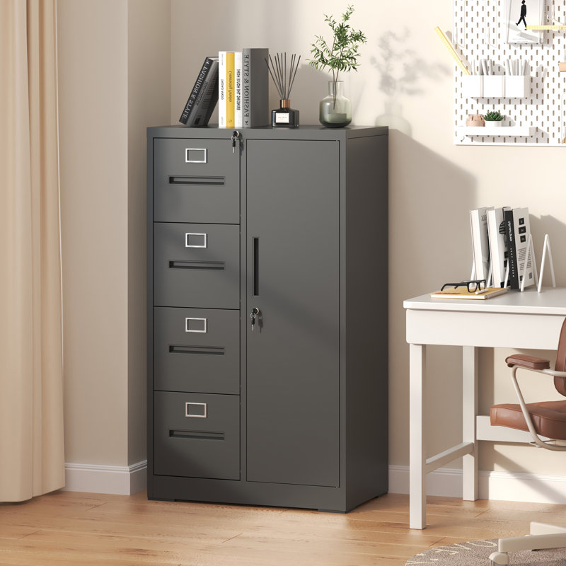 Black Metal 4-Drawer Vertical Mobile Filing Cabinet with Lock