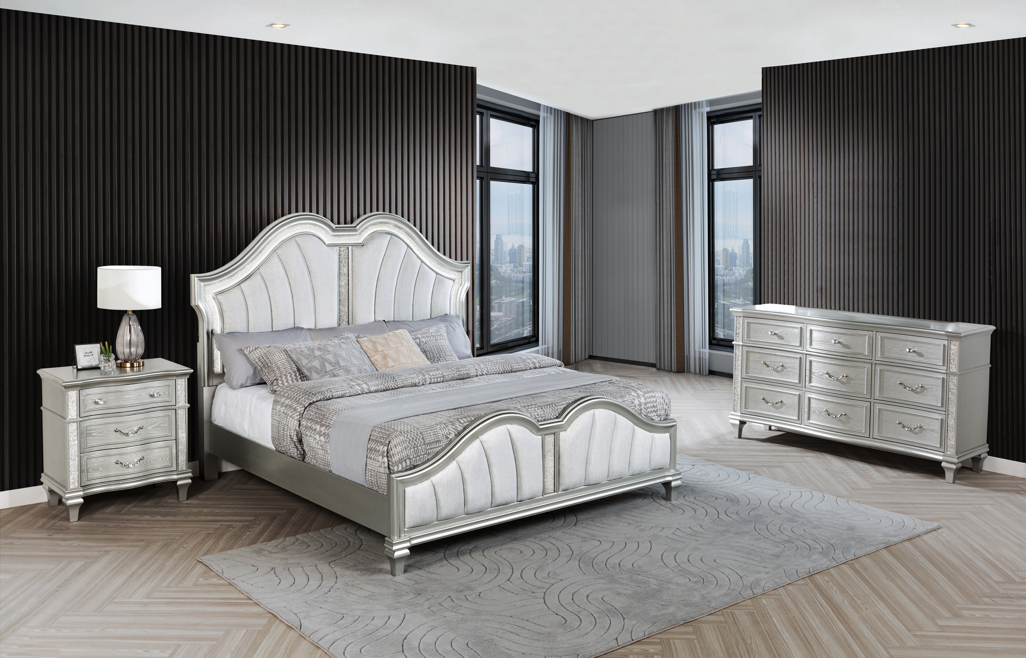 Rosdorf Park Silver Bedroom Set With LED Lights And Upholstered