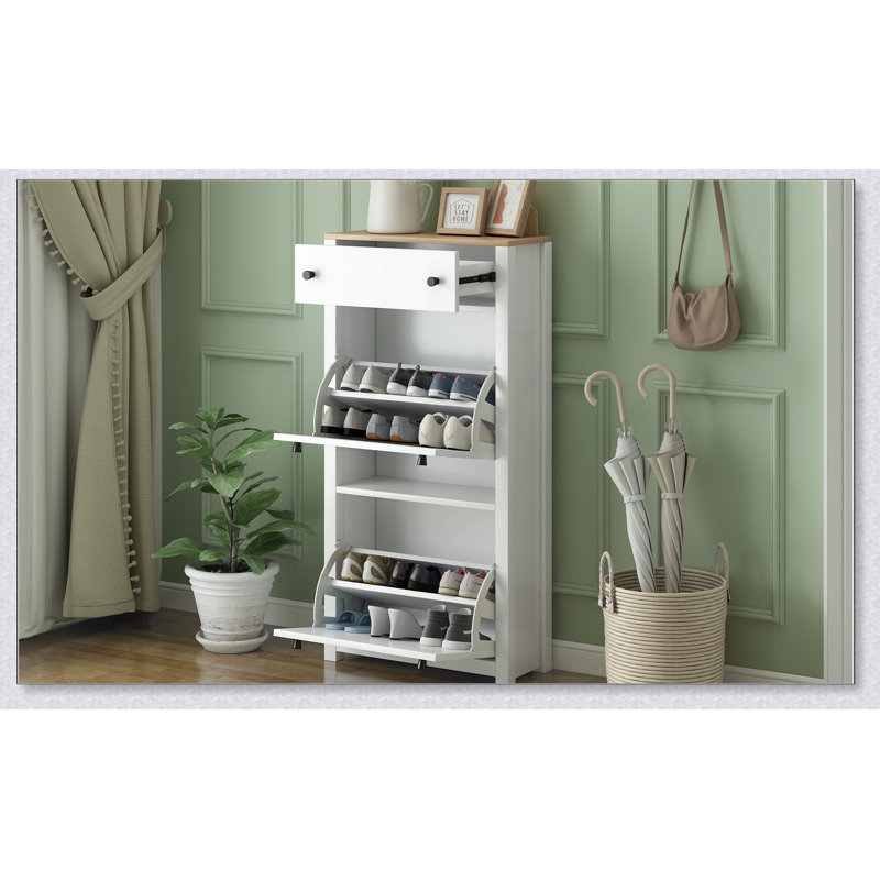 Functional Entryway Organizer with 2 Flip Drawers, Wood Grain Pattern Top Shoe Cabinet with Drawer, Free Standing Shoe Rack with Adjustable Panel for Hallway