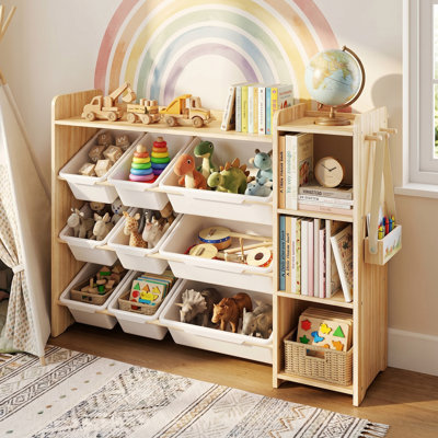  Kids Toy Storage Organizer White and Natural Wood 3 Tiers with 9 Storage Bins