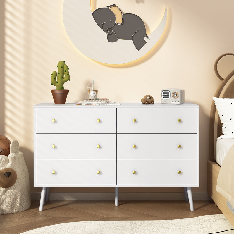 Commode pour chambre Dantee, commode 6 tiroirs avec poignées dorées, commodes modernes et commodes, Blanc