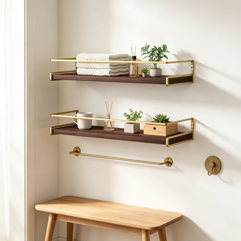Étagères de salle de bain flottantes murales, tablettes pour accessoires de salle de bain, organisateur de salle de bain moderne avec barre à serviettes pour le rangement de la décoration murale dans de petits espaces, ensemble de deux