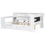 Lit plateforme en bois pleine grandeur avec tablettes de rangement, tiroirs, station de charge, DEL, bureau et tête de lit tapissier, coussin blanc et beige-692373570-692373568