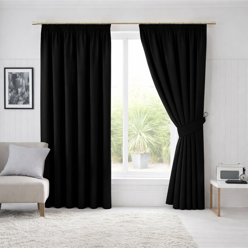 260 GSM Blackout Pencil Pleated Thermal Curtain (Set Of 2), Black, 168cm Width x 183cm Drop